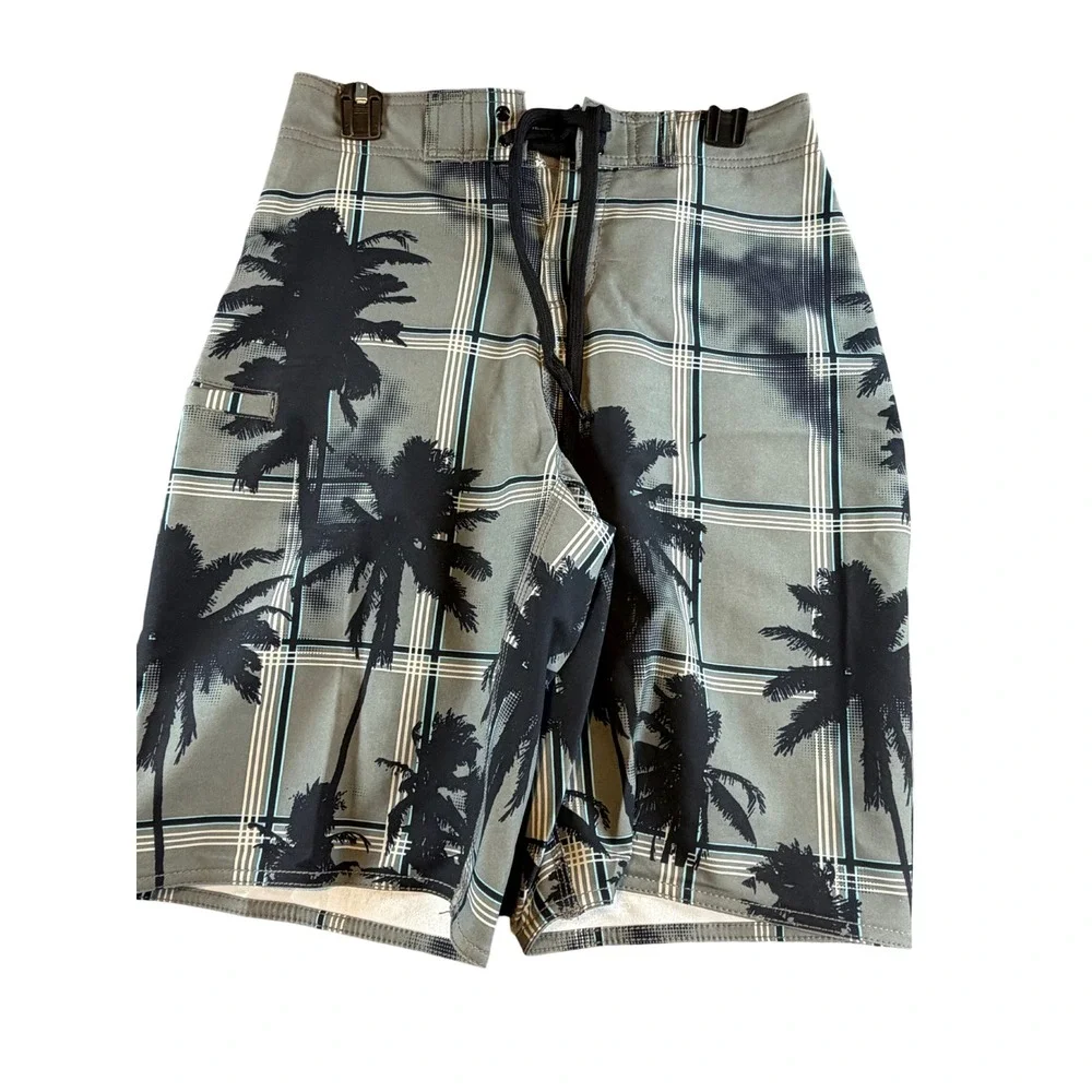 Arizona Jean Co Mens Palm Tree Plaid Board Shorts Green Black Size 28 NWT